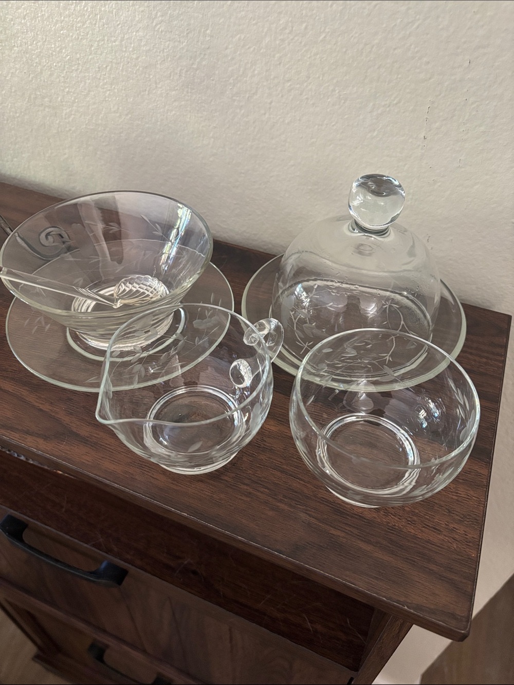 LAST CHANCE Etched Glass Sugar & Creamer Set, Covered Butter Dish & Sauce Bowl - Picture 7 of 9